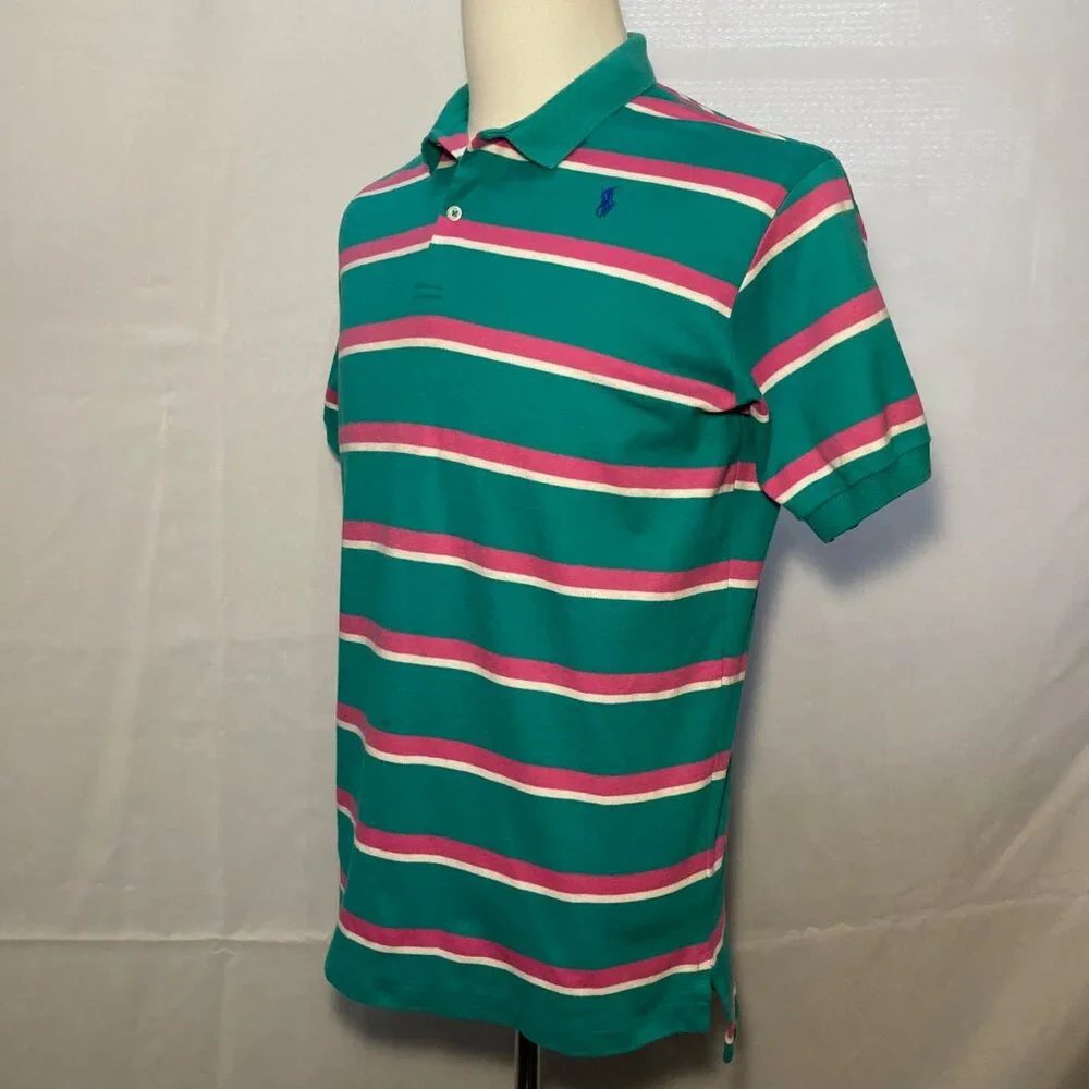 Vintage Polo Ralph Lauren Green w/Stripes Imperfection Golf S/S Shirt Men Large